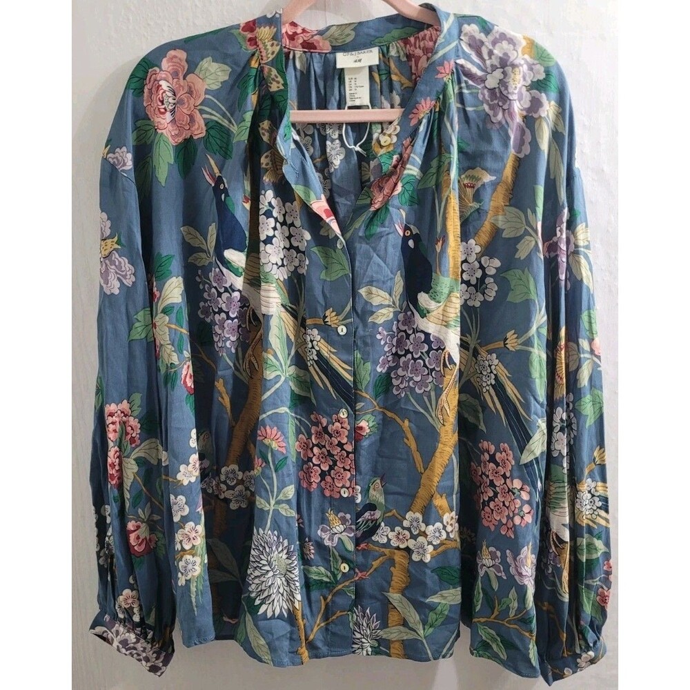 H&M Blue Botanical Print Peasant Blouse
